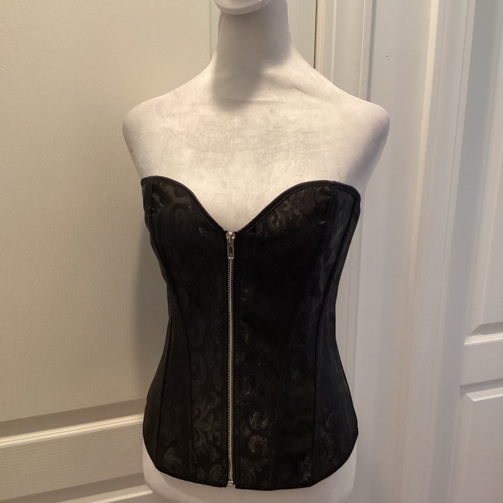 Corset Zip Front Lace Up Back Under Bust/ Ribbon Trim Detail